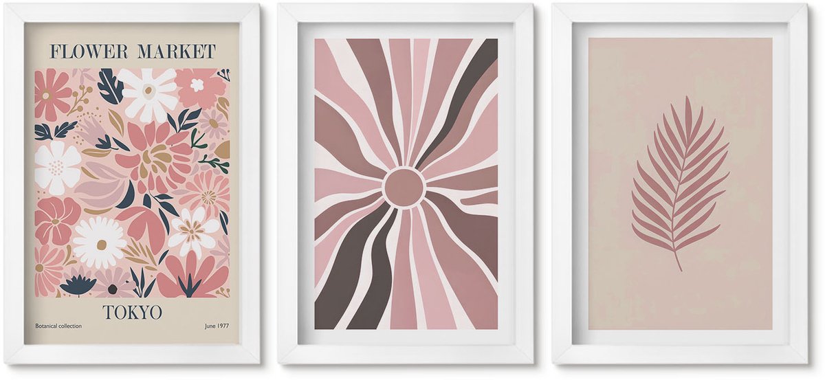 Wallfluent 3-Delige Schilderij Set - Bloemmotieven Met Bladeren En Geometrische Vormen - 20 x 30 - Moderne Wanddecoratie - Woonkamer