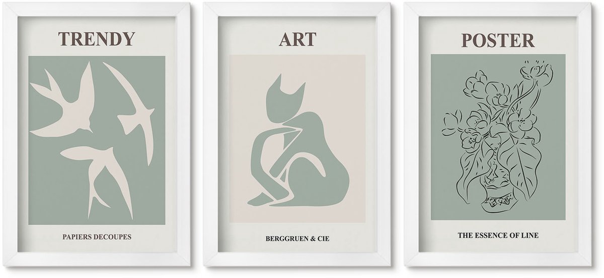 Wallfluent 3-Delige Schilderij Set - Stijlvolle Illustraties Van Henri Matisse - 20 x 30 - Muurdecoratie - Wanddecoratie - Slaapkamer - Interieur Decoratie