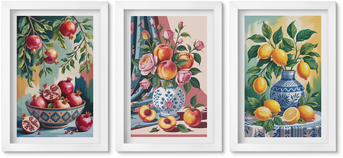 Wallfluent 3-Delige Schilderij Set - Geschilderde Bloemen En Fruit In Vazen - 20 x 30 - Moderne Wanddecoratie - Woonkamer - Muurdecoratie