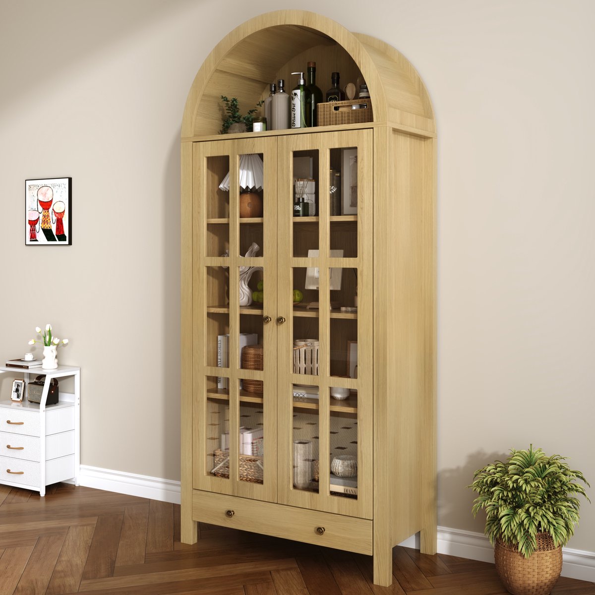 Stijlvora Vitrinekast - Bogenontwerp Met Verstelbare Planken En Lade - Voor Woonkamer En Werkkamer - MDF - Natuurlijk - 75x35x170,5 Cm