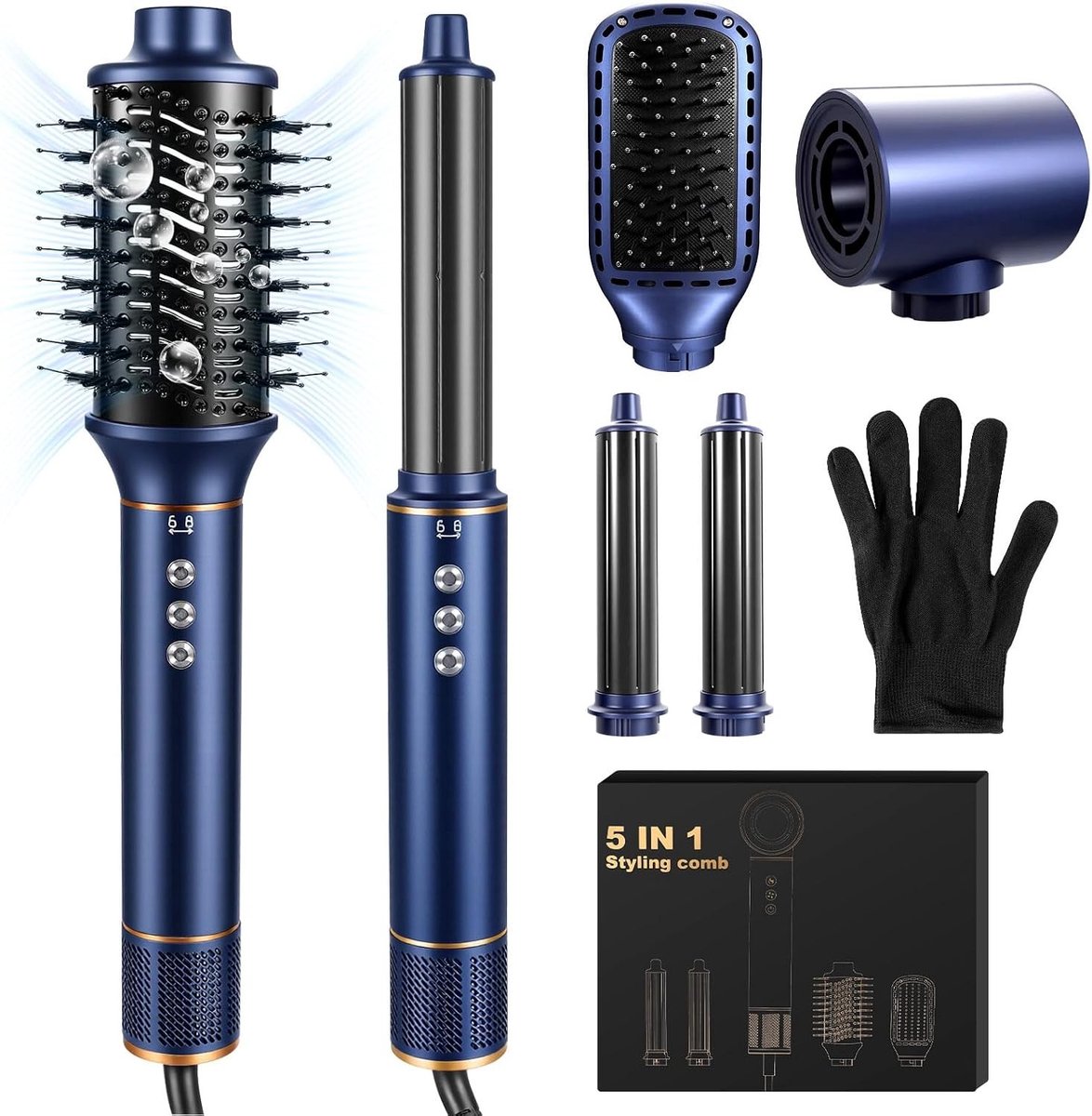 Haarstyler - Blauw - 1 x 1 x 1 cm - 5-in-1 Haardroger met Airbrush en Borstel - Voor Vrouwen