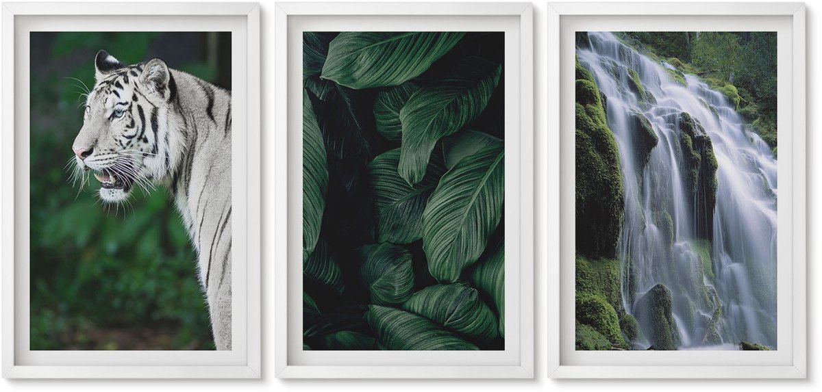 Wallfluent 3-Delige Schilderij Set - Tijgerwitte Bladeren En Een Waterval In Een Natuurlijke Omgeving - 40 x 60 - Wanddecoratie - Woonkamer Decoratie - Moderne Wanddecoratie