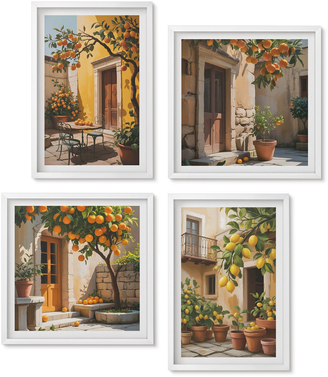 Wallfluent 4-Delige Schilderij Set - Citrusvruchten In Een Zonnige Binnenplaats Met Planten - 40 x 40 En 40 x 60 - Muurdecoratie - Decoratieve Schilderijen - Wohnzimmer - Stijlvolle Muurdecoratie