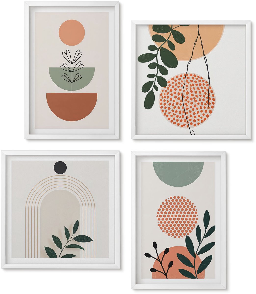 Wallfluent 4-Delige Schilderij Set - Plantmotieven In Moderne Vormen En Kleuren - 40 x 40 En 40 x 60 - Moderne Wanddecoratie - Slaapkamer - Muurdecoratie