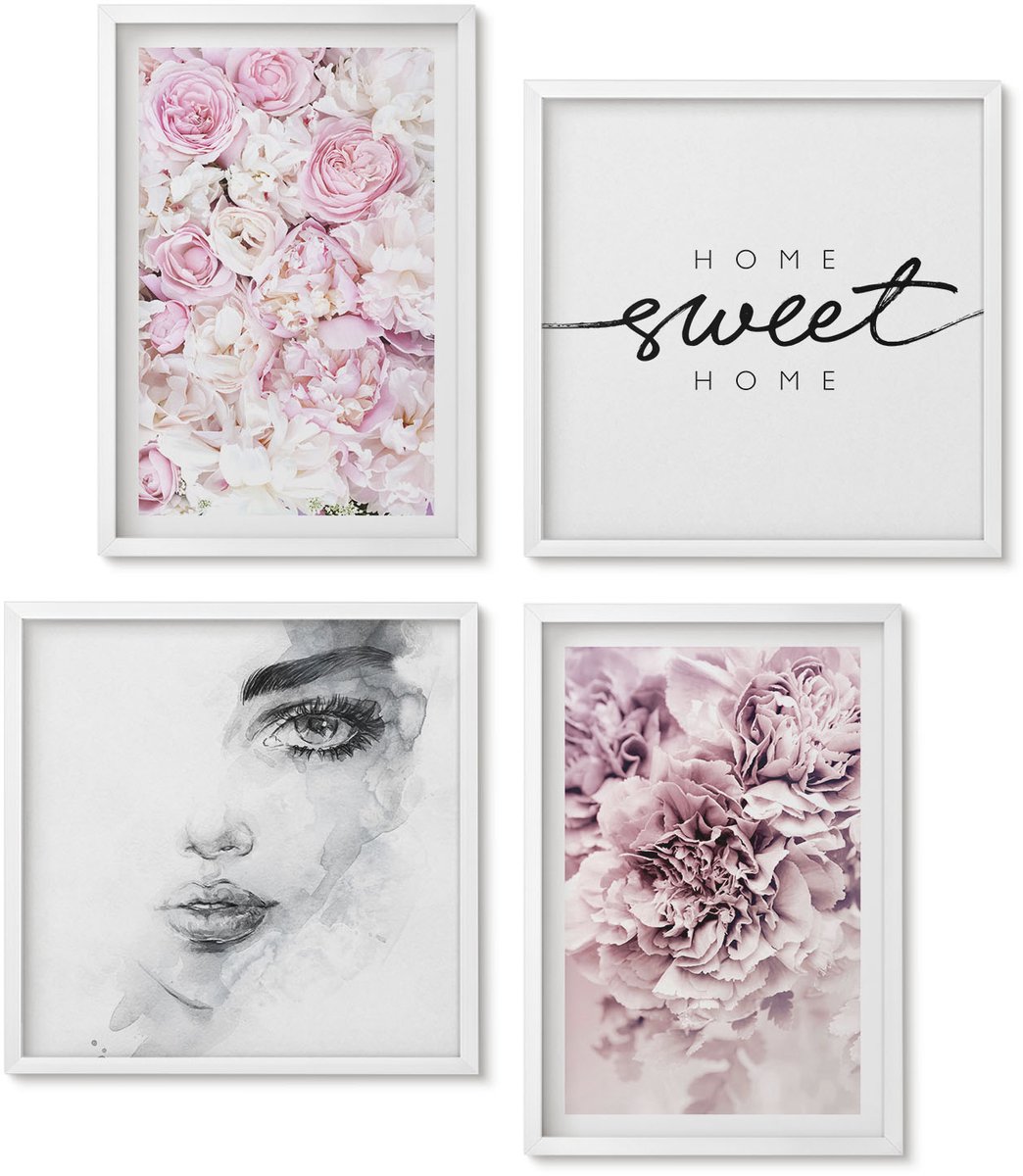 Wallfluent 4-Delige Schilderij Set - Delicate Pioenrozen Portret Van Een Vrouw Thuis Is Waar Het Hart Is - 40 x 40 En 40 x 60 - Moderne Wanddecoratie - Woonkamer