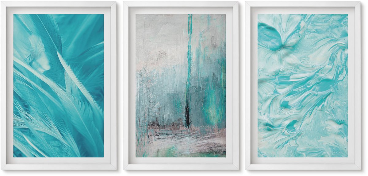 Wallfluent 3-Delige Schilderij Set - Verschillende Blauwtinten In Delicate Abstracte Patronen - 40 x 60 - Wanddecoratie - Muurdecoratie - Moderne Interieurdecoratie