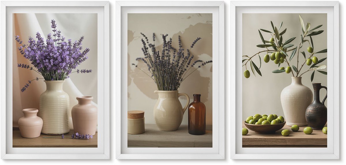 Wallfluent 3-Delige Schilderij Set - Lavendelbloemen, Olijven En Keramische Vazen - 40 x 60 - Muurdecoratie - Wanddecoratie - Hal