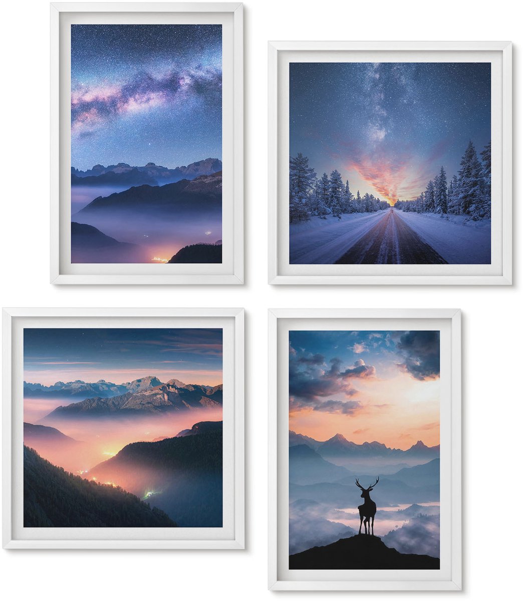 Wallfluent 4-Delige Schilderij Set - Nachtelijke Hemel, Berglandschappen In De Mist En Herten - 40 x 40 En 40 x 60 - Muurdecoratie - Decoratieve Schilderijen - Wohnzimmer
