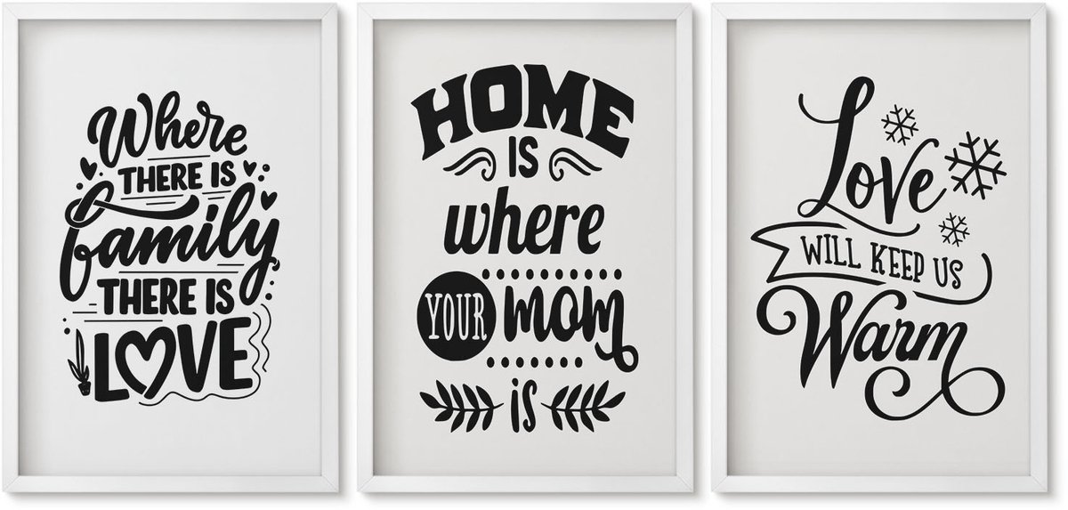 Wallfluent 3-Delige Schilderij Set - Familie, Liefde, Thuis, Warmte In Eenvoudige Slogans - 40 x 60 - Wanddecoratie - Moderne Interieurdecoratie - Decoratieve Schilderijen
