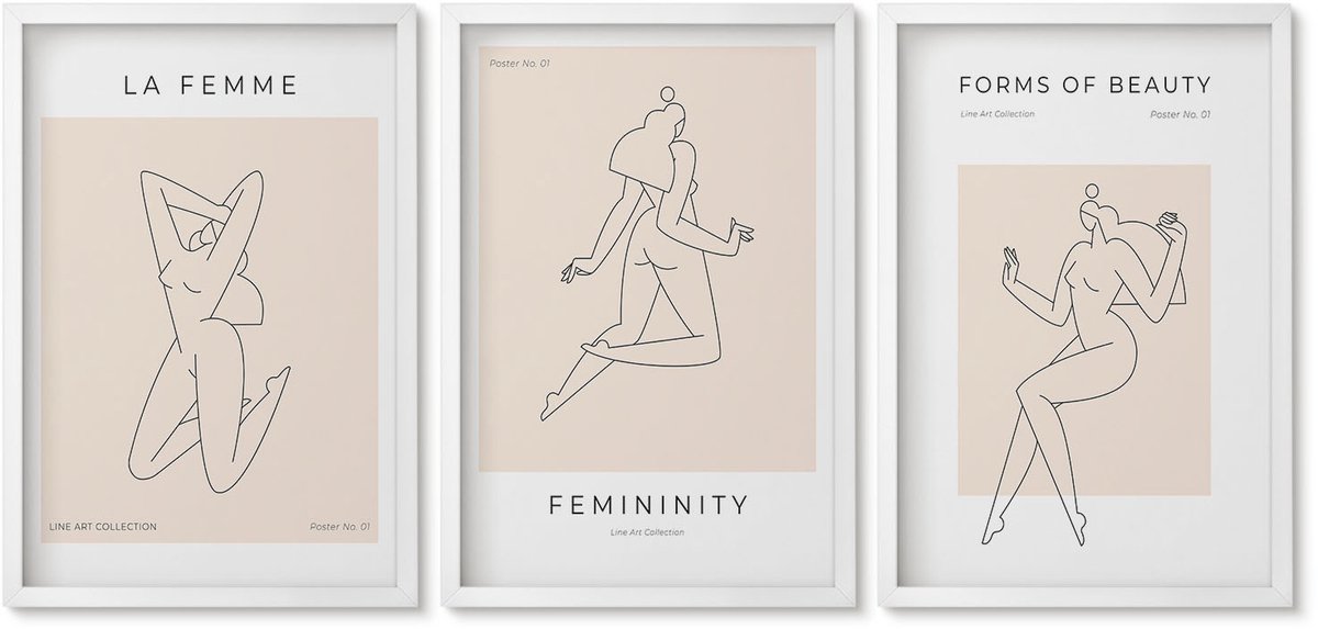 Wallfluent 3-Delige Schilderij Set - Lineaire Silhouetten Van Vrouwen In Minimalistische Posters - 40 x 60 - Wanddecoratie - Muurdecoratie - Moderne Interieurdecoratie