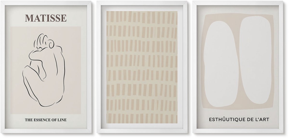 Wallfluent 3-Delige Schilderij Set - Lijnen En Vormen In Beige En Witte Tinten. - 40 x 60 - Wanddecoratie - Muurdecoratie - Moderne Interieurdecoratie