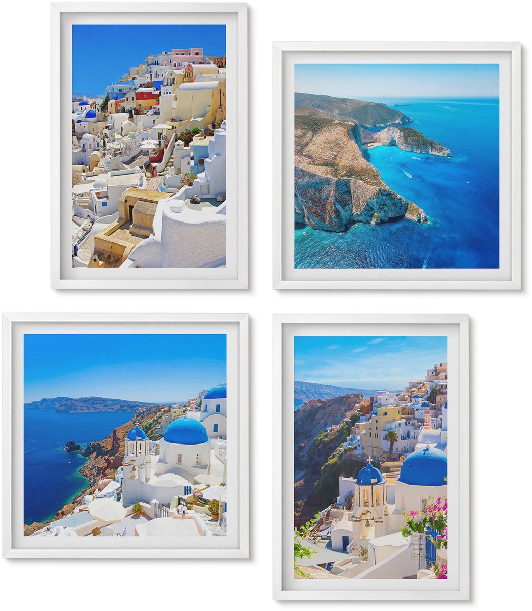 Wallfluent 4-Delige Schilderij Set - Landschapsarchitectuur En Uitzichten Op De Stad Oia Op Santorini, Griekenland - 40 x 40 En 40 x 60 - Stijlvolle Muurdecoratie - Kantoor - Wanddecoratie
