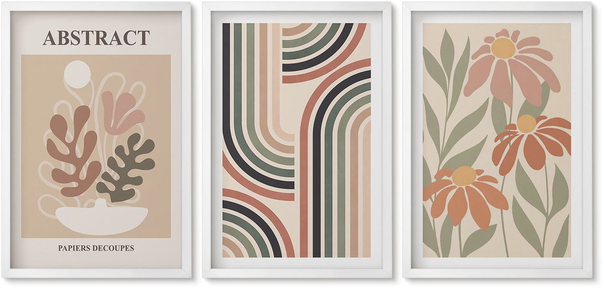 Wallfluent 3-Delige Schilderij Set - Abstracte Planten En Patronen In Pastelkleuren - 40 x 60 - Muurdecoratie - Wanddecoratie - Hal - Woonkamer Decoratie