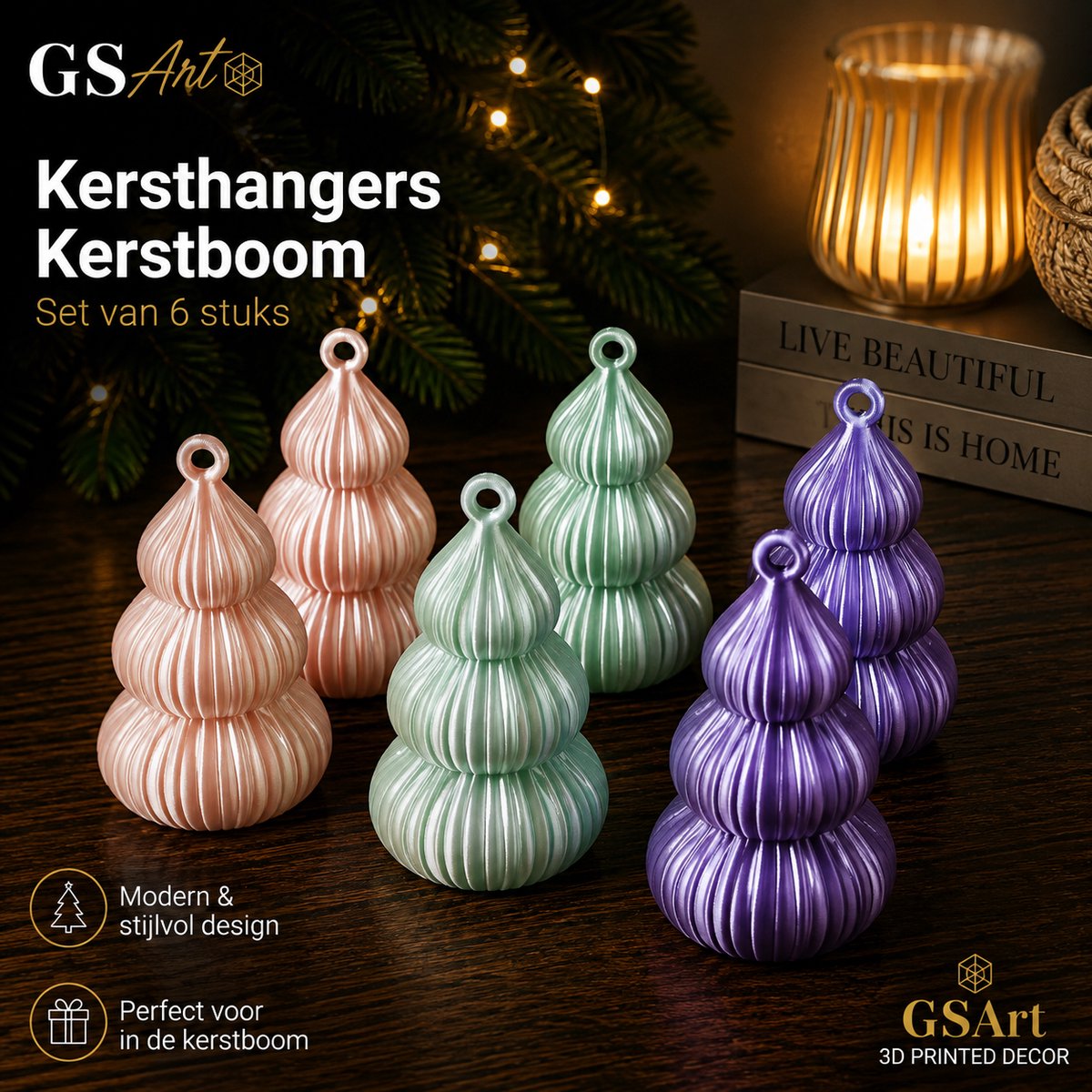 GSArt Japandi Kersthangers Kerstboom 03 – Set van 6 stuks – 9 cm