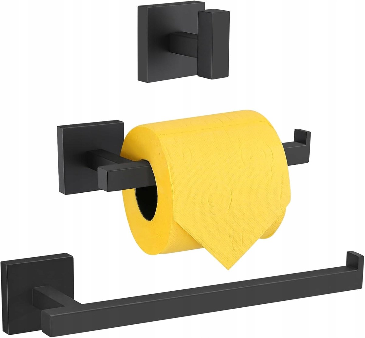 Set van 3 Wandhaken: Toiletrolhouder, Handdoekhouder & Badjashouder - Mat Zwart