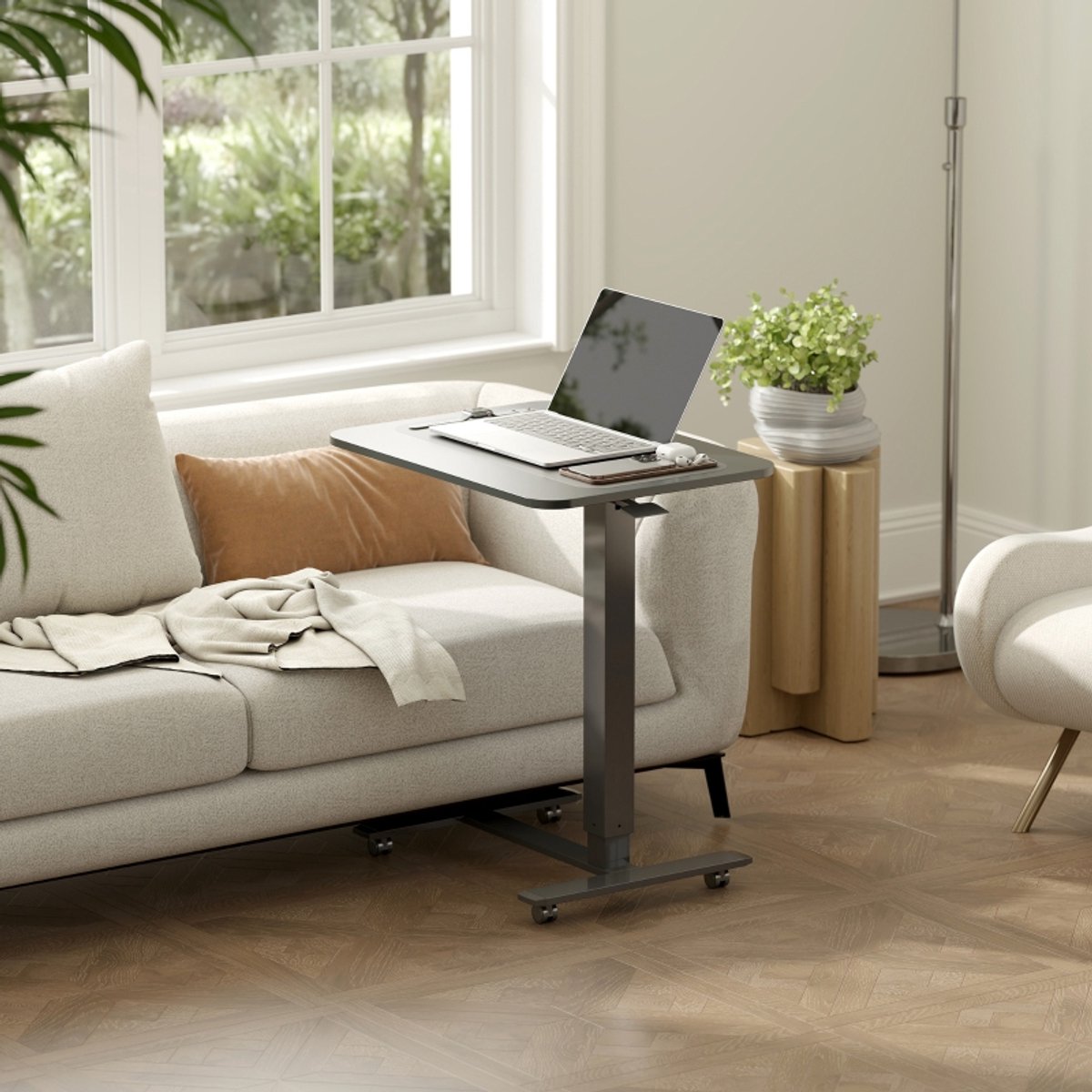 REDOM - Bureau - Hoogteverstelbaar - C-vorm met 4 wielen - Staand of zittend werken - Mobiel - Staal en houtwerkstof - Zwart - 65 x 48 x 73-110 cm