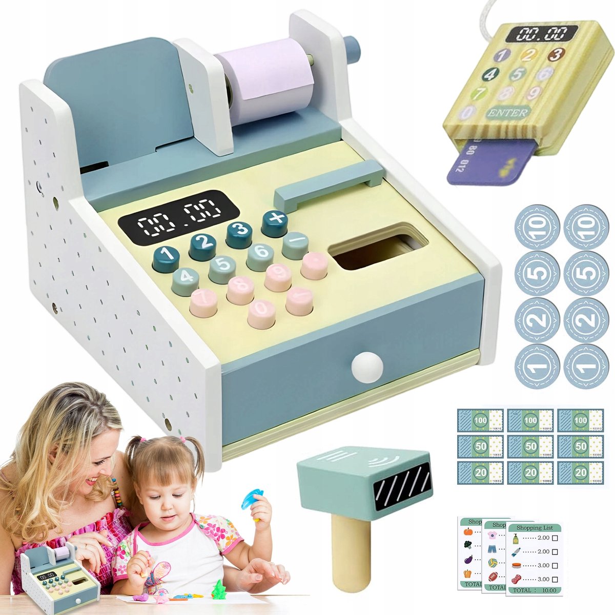 Houten Speelgoedkassa - Supermarktkassa - Kassa speelgoed - Rollenspel Winkel - Educatief Speelgoed -met Scanner & Pinapparaat & Geld - Montessori - Rekenen & Communicatie - Voor Interactief Ouder-kind - Cadeau