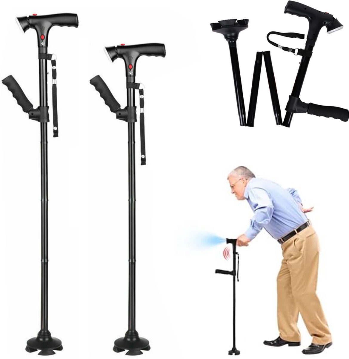 Opvouwbare Wandelstok Met Ledverlichting - Wandelstok Met Sos-Alarm - Staande Hulp - Geschikt Voor Ouderen