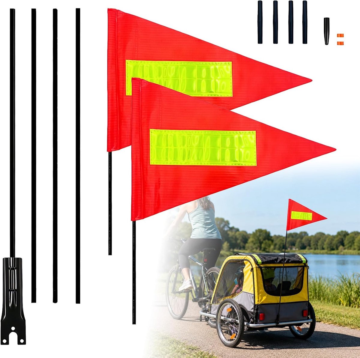 Pack of 2 Bicycle Flags 160 cm Height Adjustable Warning Sign Safety Flag for Children Adults Bicycle Trailer Stable - ShopVlot