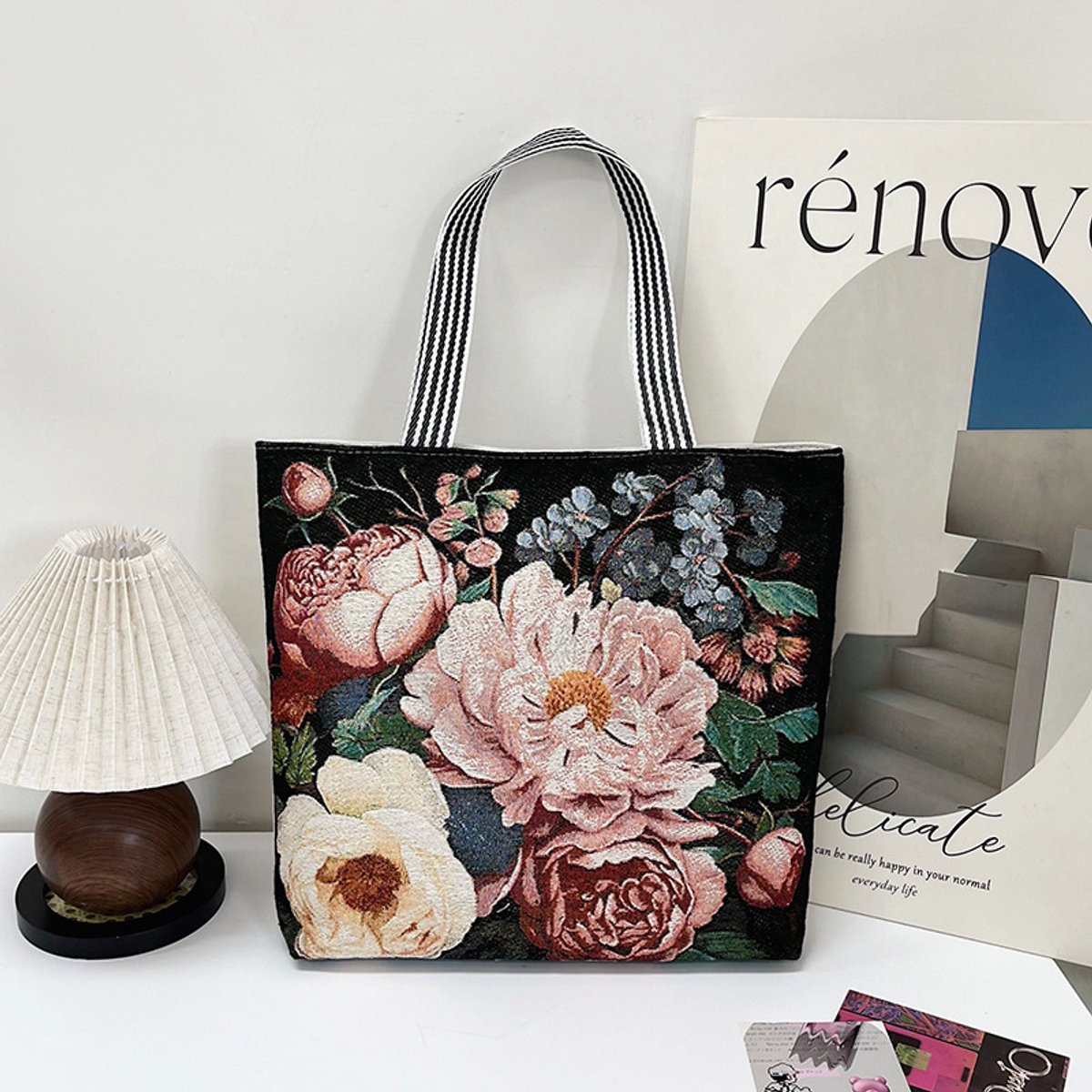 Canvas dames tote tas - 3D geborduurde vlinders - groot formaat - afmetingen 44 x 37 x 9 cm-Gouden roos