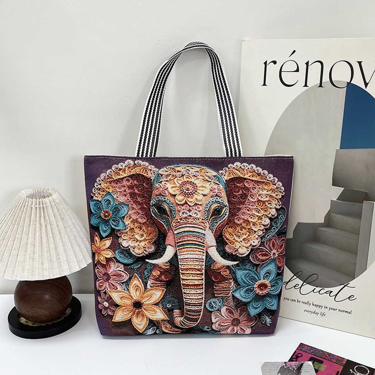 Canvas dames tote tas - 3D geborduurde vlinders - groot formaat - afmetingen 44 x 37 x 9 cm-Gouden olifant