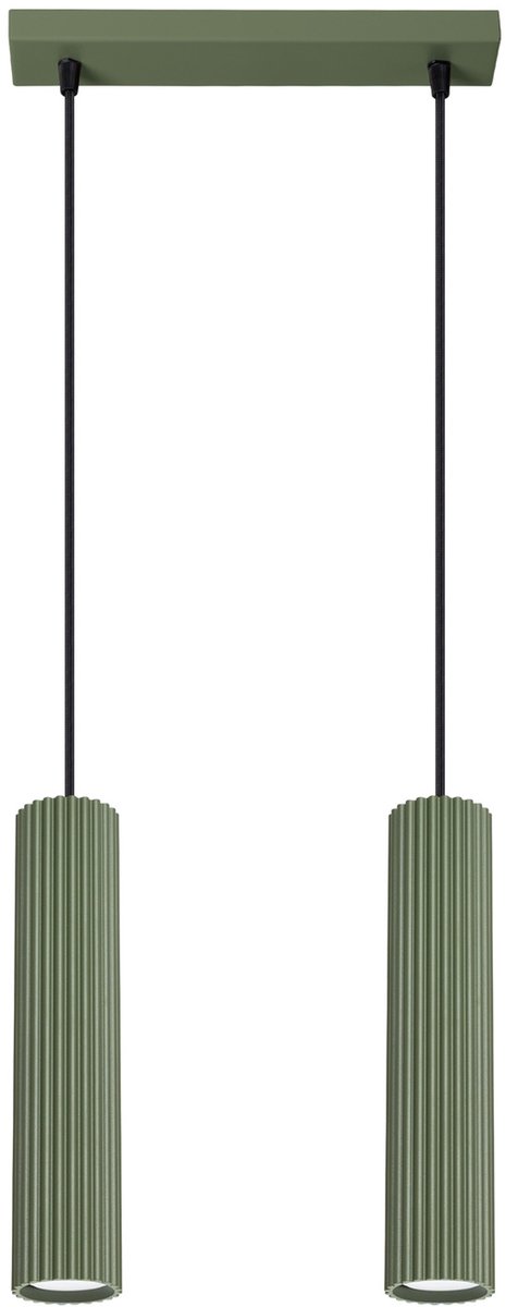 Hanglamp KARBON 2 met 2 geribbelde buiskappen in lijn - Sollux Lighting - IP20 - Olijfgroen aluminium behuizing - 30 x 6.5 x 90 cm - 2 x GU10 LED, exclusief lichtbron - 2 x 10 W - Minimalistische hanglamp voor gang, hal en slaapkamer