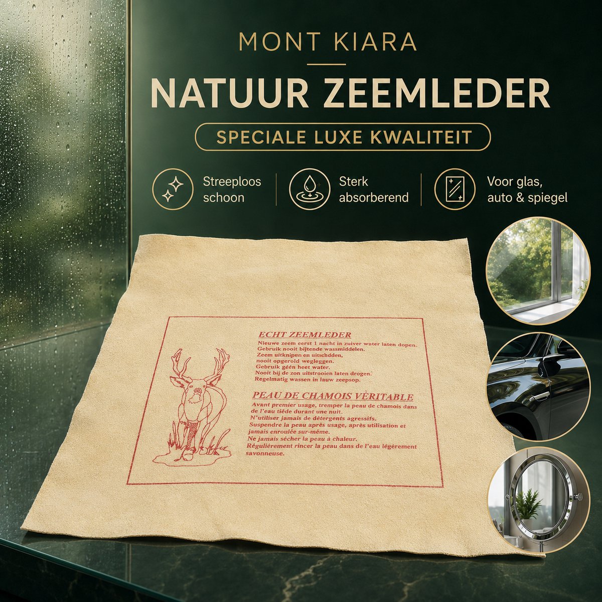 Mont Kiara Natuur Zeemleder 50 x 30 cm – Speciale Luxe Kwaliteit – Sterk Absorberende Zeem voor Auto, Ramen, Glas en Spiegels