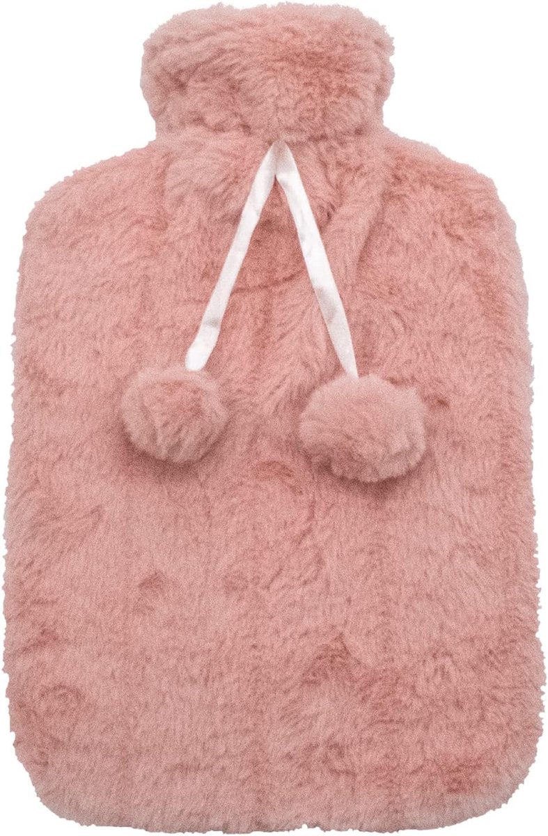 Grote pluizige warmwaterkruik - cadeau voor mannen, vrouwen en kinderen - 2 liter fles met harige hoes en pompons