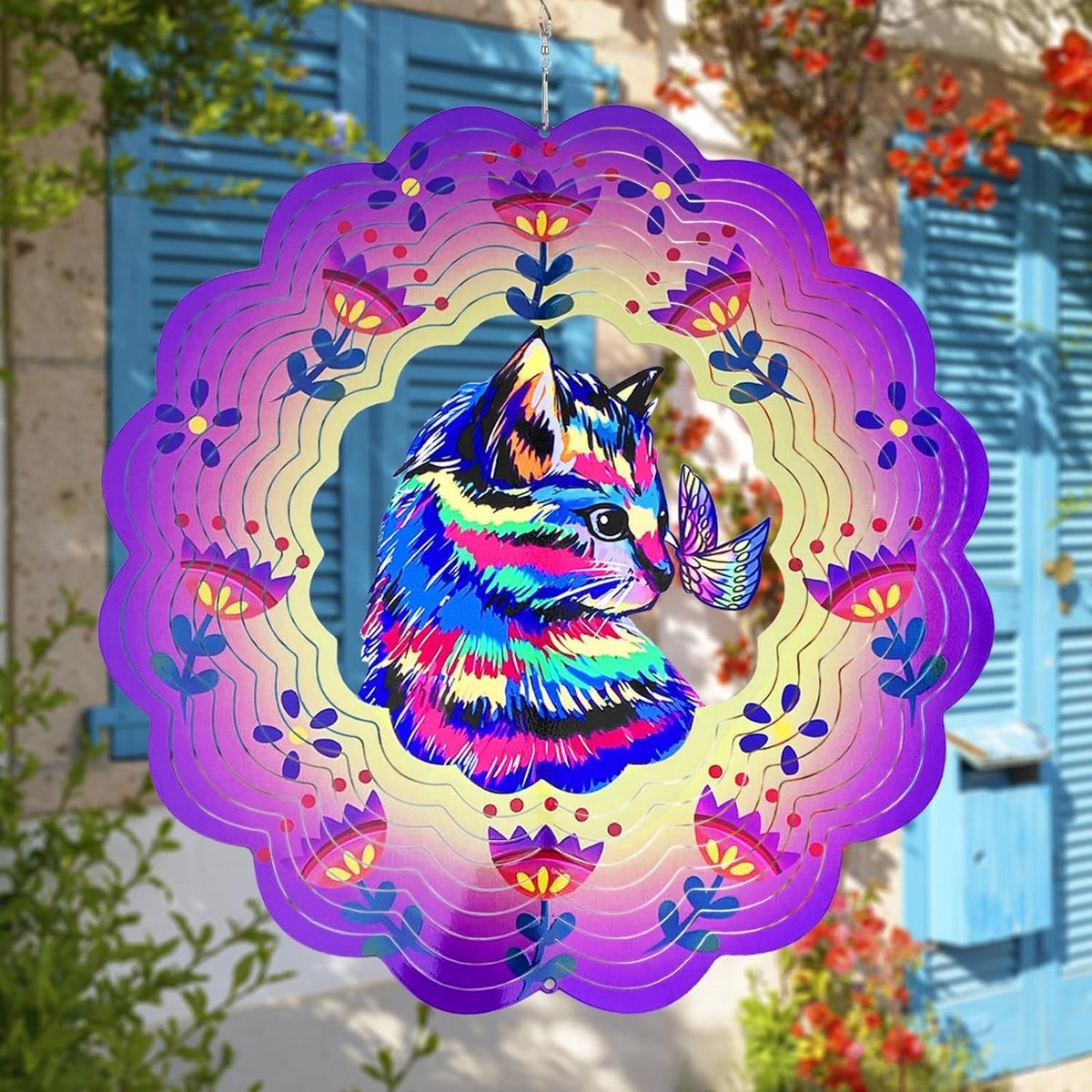 Kleurrijke kat windspinner, 30×30×0,05 cm roestvrij staal, vogelverschrikker, hangdecoratie voor tuin, terras en balkon