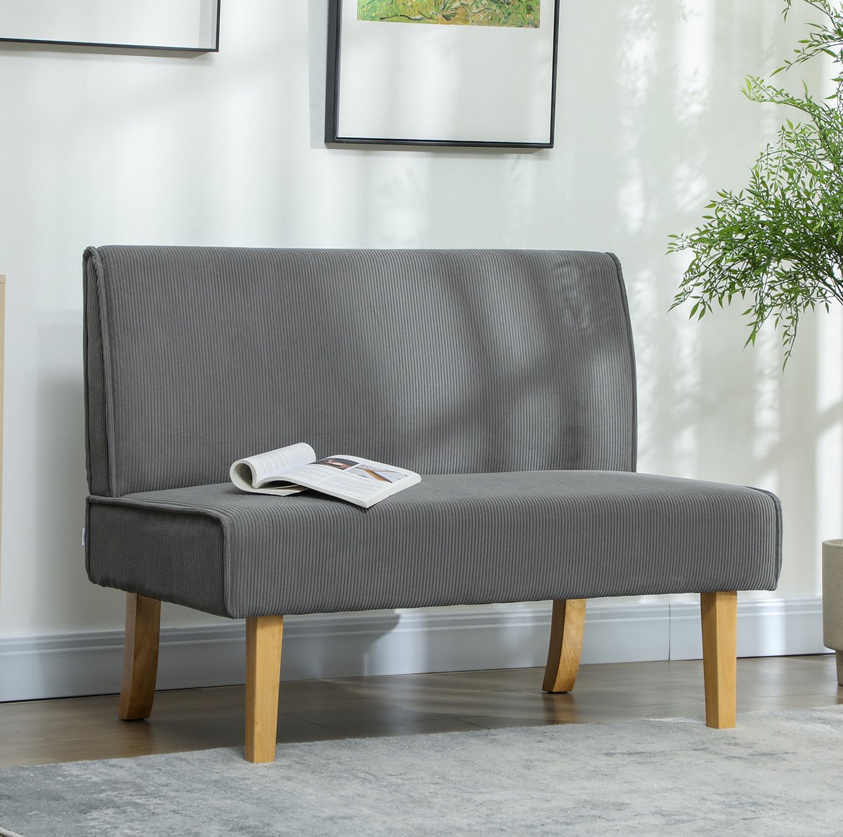 DESMIU Bank - 2-Zits Zitbank - Cordlook Met Houten Poten En Armloos Ontwerp - Voor Woonkamer En Slaapkamer - Polyester - Grijs