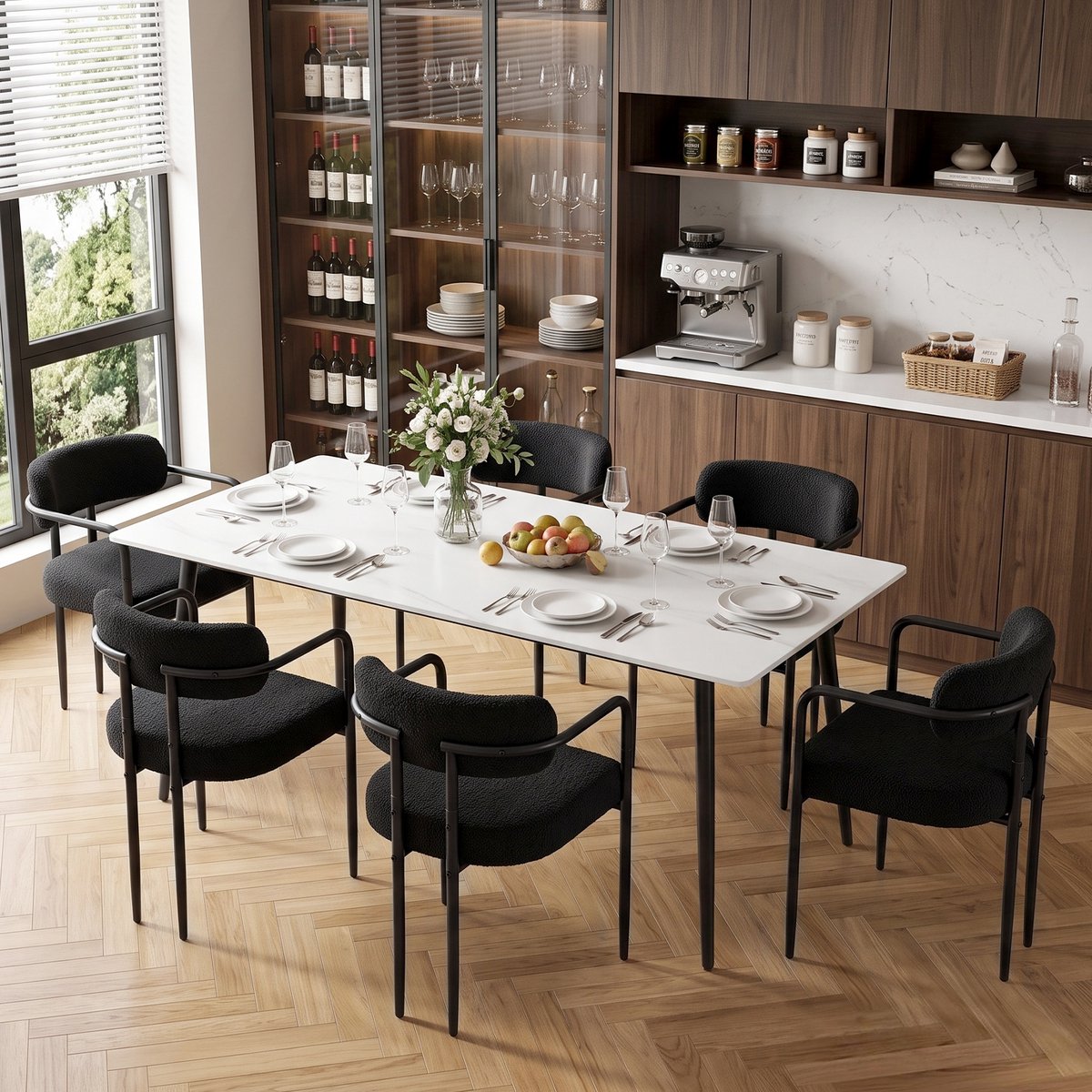 Puluomis - Eetkamerstoelen - Set van 6 - Teddy Fleece - Metalen poten - Gevoerde zitkussens - Zwart