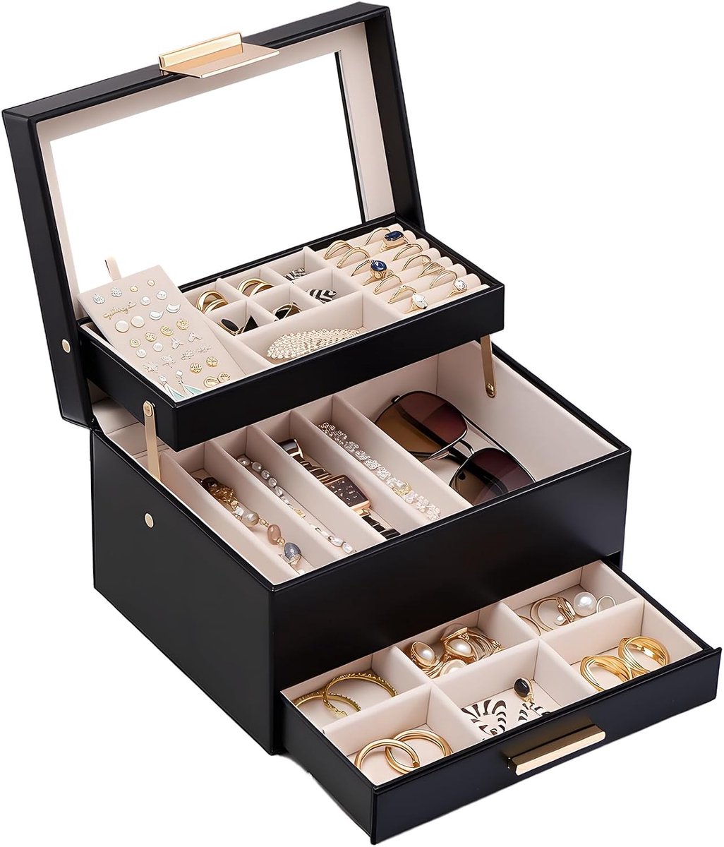 Lolalet Jewellery Box Organizer with Transparent Window and Drawer for Earrings, Bracelets, Necklaces and Rings - ShopVlot