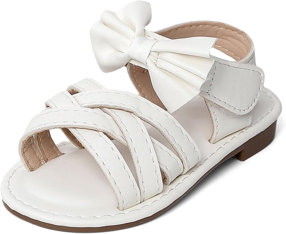 Girls' Sandals with Bow Kids White Open Toe Sandals Toddlers Summer Princess Flat Shoes with Hook and Loop - ShopVlot