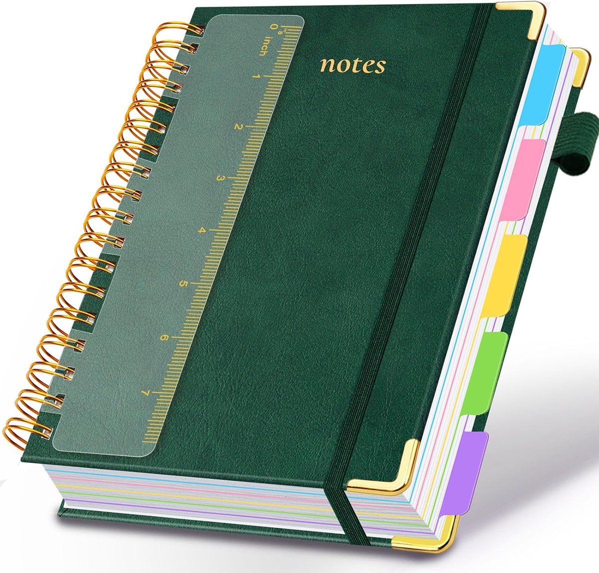 KZQ A5 hardkartonnen spiraal notitieboek - 14,8x21,2 cm - 300 pagina's met tabs en verwijderbare scheidingsbladen - 5 vakken - Kunstlederen omslag - Groen