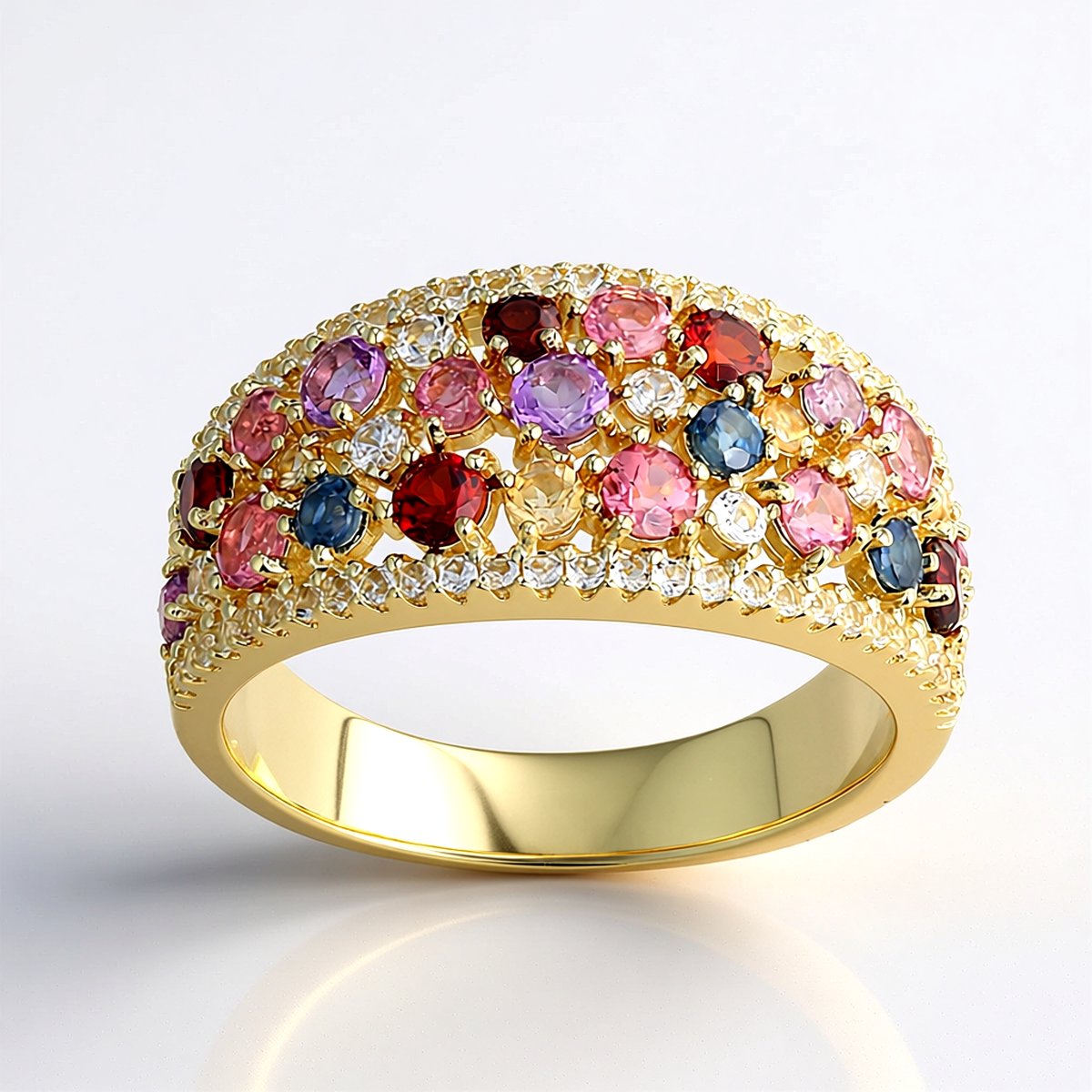 Cavill - Elegante Zilveren Ring - 925 Sterling Zilver Verguld - Blauwe Saffier 1,287 ct - Amethist & Roze Toermalijn - Pavé Zetting