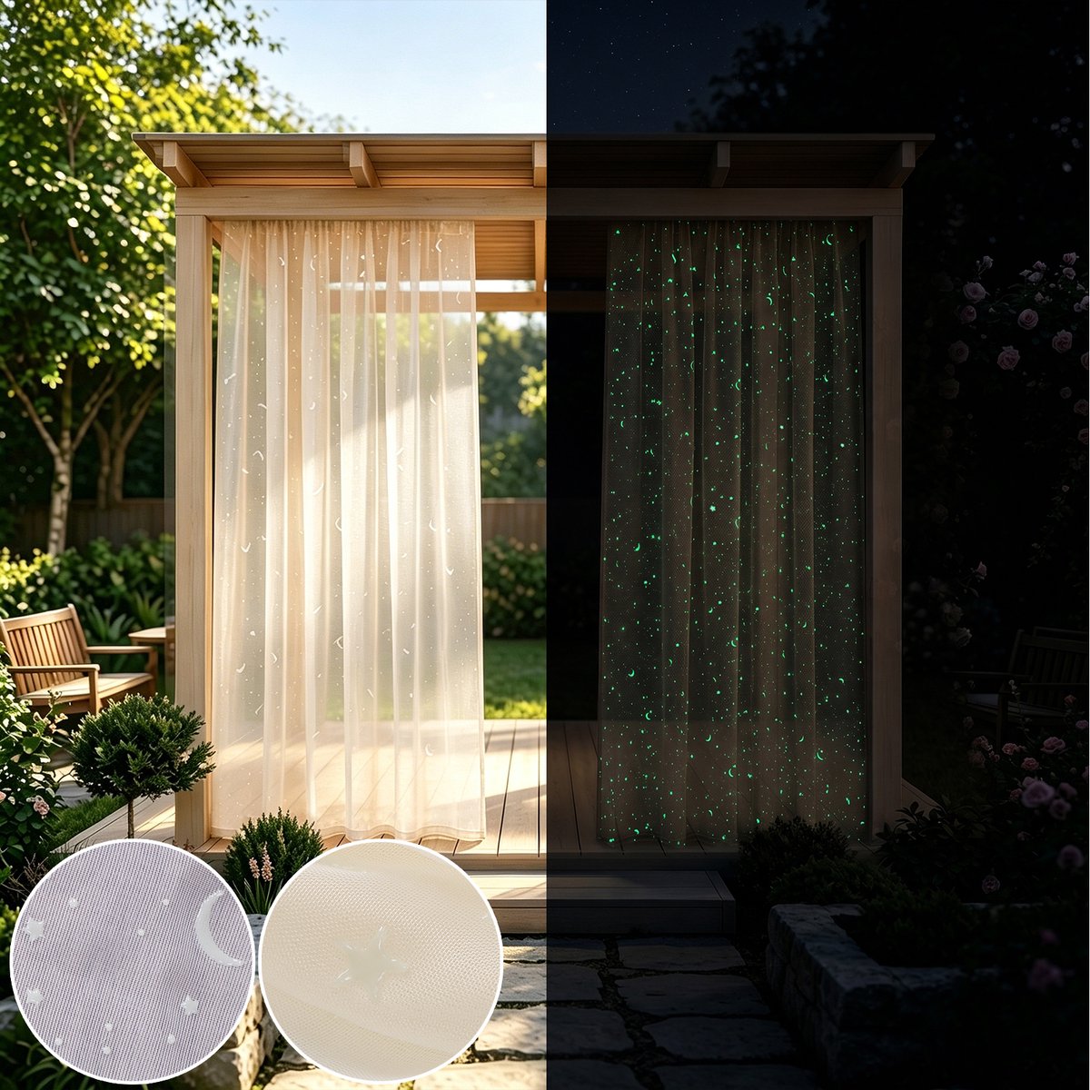 MUPOO lichtgevende vitrageset van 2, 132 x 214 cm per paneel, beige 100% polyester met sterren- en maanprint, lichtfilterende voile met 7 cm tunnel voor gordijnroede, voor kinderkamer, slaapkamer en woonkamer