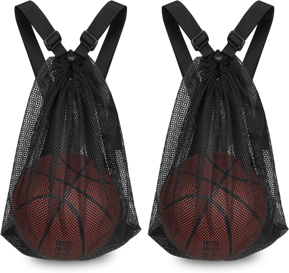 2 stuks mandbal mesh tassen - basketbalnettas - Rugzaknet tas - Voetbalnet-tas - Draagbare basketbalnet-tas - Verstelbare schouderband - Geschikt voor het vervoeren van basketballen, volleyballen en voetballen - 50 x 38 cm - Zwart