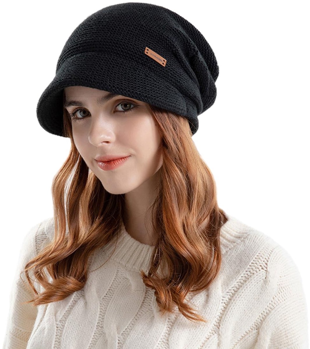 Gebreide muts voor dames - Winterse, met fleece gevoerde, warme, slouchy muts met klep