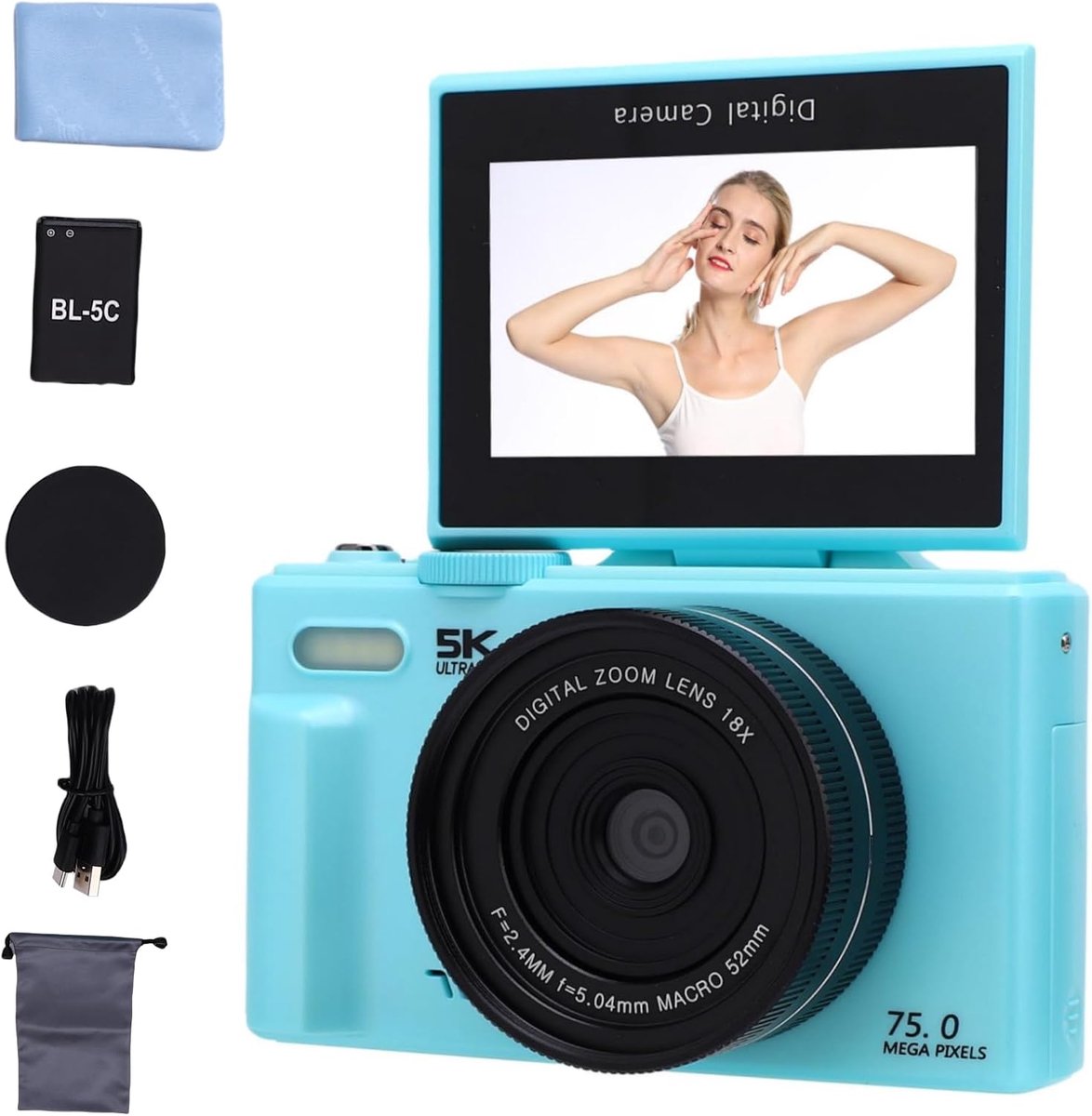 5K digital camera with 64GB memory card, vlog 75MP camera, 18-fold folding display, 7.6 cm (3 inches) and 180 degrees - ShopVlot