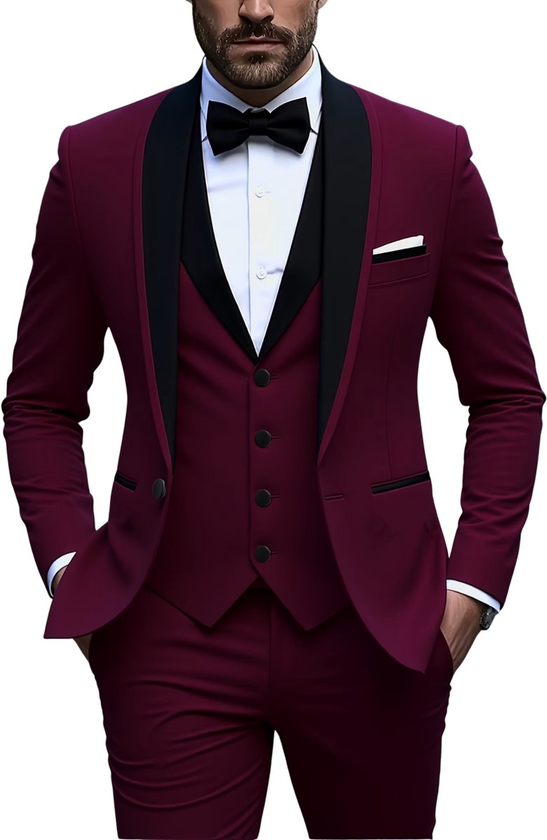 Currero 3 Delig Herenpak Met Overhemd Suit 2 Delig Tailored Fit Kostuum Business Pak Trouwpak Smoking Tuxedo Stijl Bruiloft Kantoor & Feest Bordeauxrood
