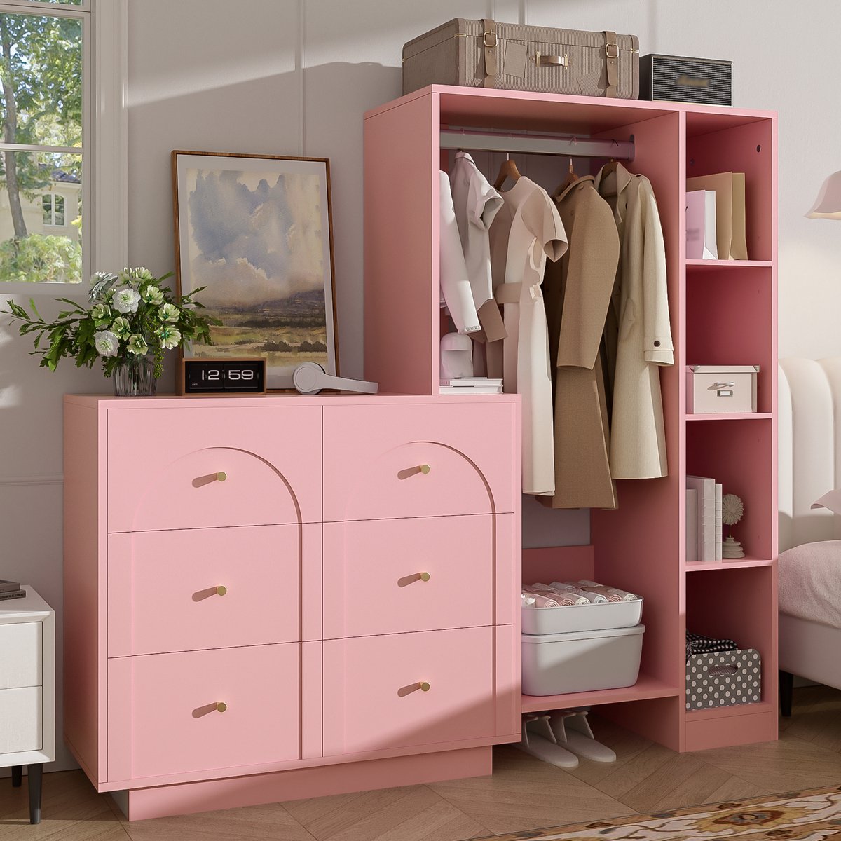 Pugsdrly Moderne multifunctionele kledingkast, open kledingkast met kledingstang, 6 lades en zijplanken, opbergkast voor de slaapkamer, roze, 139 × 35 × 133 cm