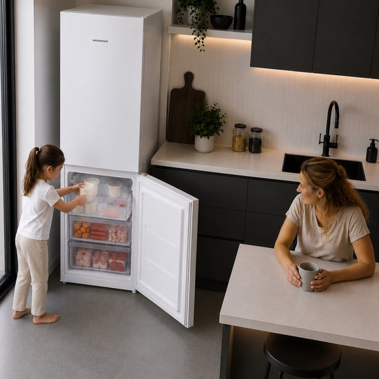 Wit Heinner koel-vriescombinatie, deur open met diverse voedingsmiddelen, een vrouw zit aan tafel.