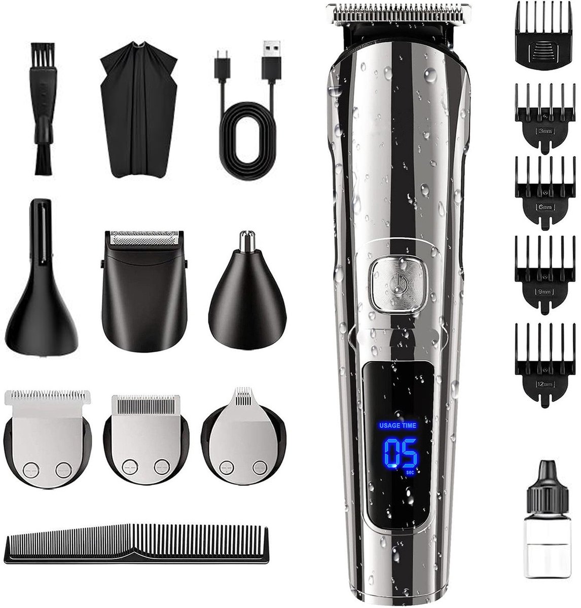 Tondeuse voor heren – Haartrimmer – Baardtrimmer voor heren – Haartrimmer voor heren, geschikt voor haar, baard en lichaamshaar – Kappersset – Inclusief 16 opzetstukken – USB Oplaadbaar