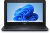 Zwarte Dell laptop, van voren bekeken, met het opengeklapte scherm waarop de Windows 11 wallpaper te zien is.