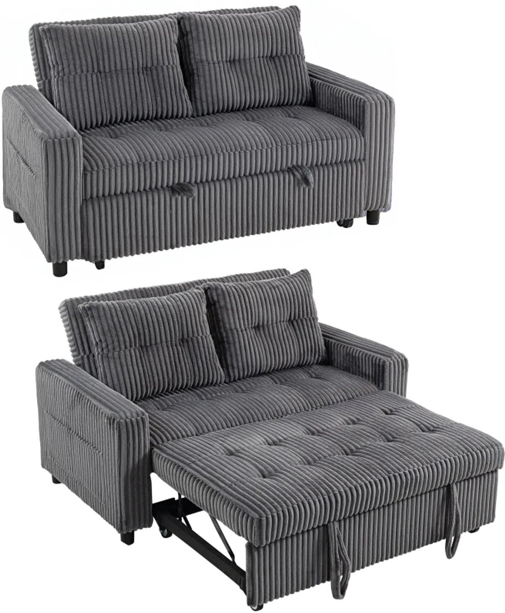 Slaapbank 2-zits - Corduroy hoes - Om te bouwen tot slaapbank - Inclusief 2 kussens - Zijvakken - 157 x 190 cm - Donkergrijs