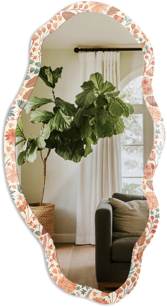 TULUP Bloemenpatroon Spiegel - Oranje Elegante Rechthoekige Wandspiegel - Organische Spiegel - Slaapkamer, Woonkamer, Kledingkast - Vintage - 45x90 cm - Totale afmeting 52x97 cm Bloemenpatroon, Oranje