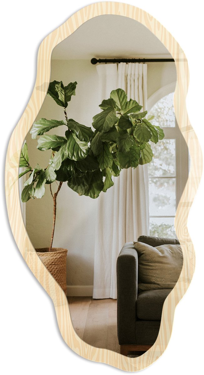 TULUP Houten Constructie Spiegel - Beige Rechthoekige Spiegel Met Modern Design - Organische Spiegel - Woonkamer - Scandinavisch - 45x90 cm - Totale afmeting 52x97 cm Houten Structuur, Beige