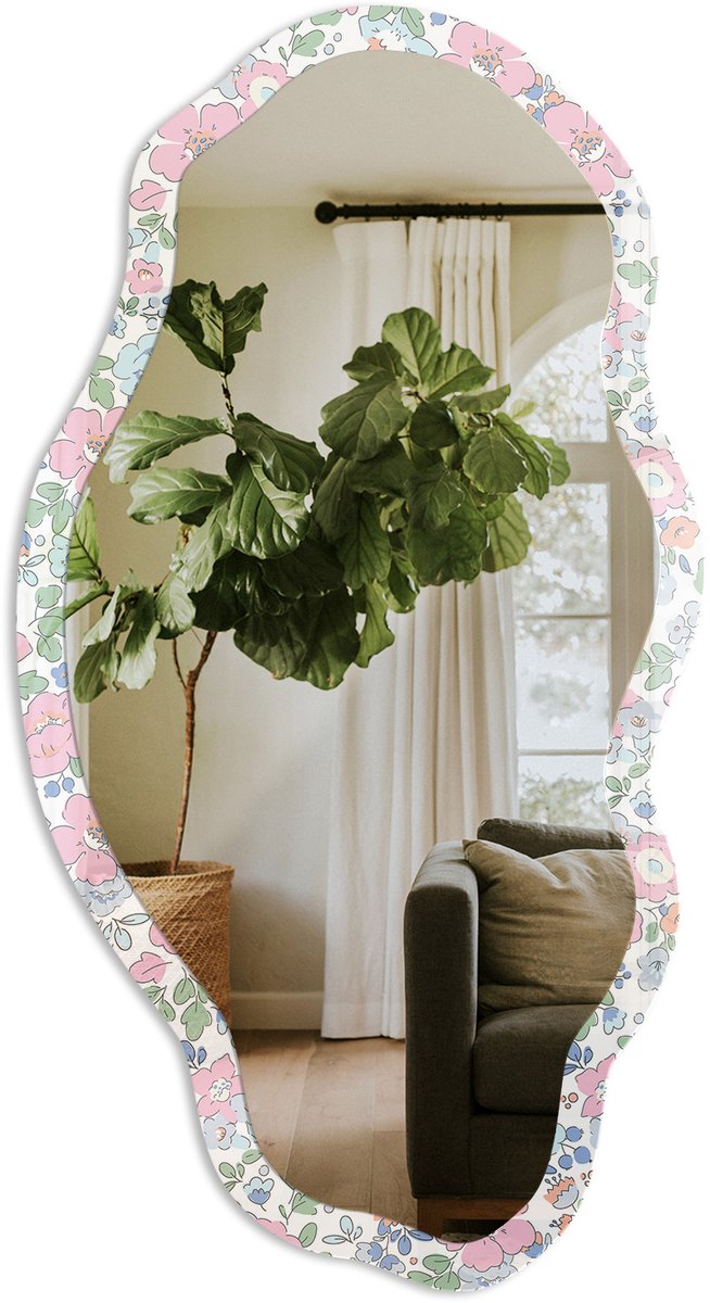 TULUP Bloemenweide Spiegel - Roze Elegante Rechthoekige Wandspiegel - Organische Spiegel - Slaapkamer, Woonkamer, Kledingkast - Illustratief - 45x90 cm - Totale afmeting 52x97 cm Bloemenweide, Roze