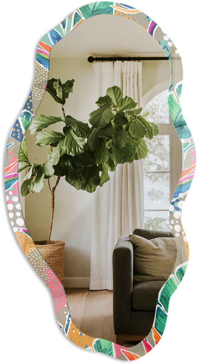 TULUP Tropische Bladeren Spiegel - Groen Rechthoekige Spiegel Voor Interieur - Organische Spiegel - Woonkamer - Illustratief - 45x90 cm - Totale afmeting 52x97 cm Tropische BladerenPrint, Groen