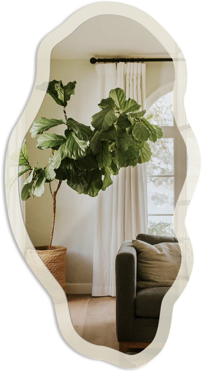 TULUP Crèmekleurige Steen Spiegel - Romig Elegante Rechthoekige Wandspiegel - Organische Spiegel - Slaapkamer, Woonkamer, Kantoor - Minimalistisch - 45x90 cm - Totale afmeting 52x97 cm Crème Steen, Crème